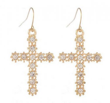 Cross 9K Gold Filled & Austrian Crystals Earrings French Hooks
