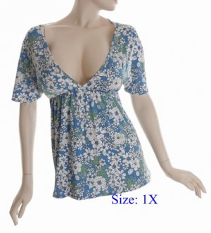 Size 1X Deep V-neck  Top, short sleeve, Blue (71-00416/1X)