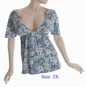 Size 3X Deep V-neck  Top, short sleeve, Blue (71-00456/3X)