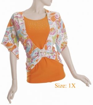 Size 1X V-neck  Top, short sleeve, Orange (71-00616/1X)