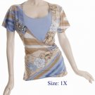 Size 1X V-neck  surplice Top, short sleeve, Blue/brown (71-00816/1X)