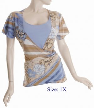 Size 1X V-neck  surplice Top, short sleeve, Blue/brown (71-00816/1X)