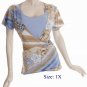 Size 1X V-neck  surplice Top, short sleeve, Blue/brown (71-00816/1X)