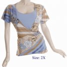 Size 2X V-neck  surplice Top, short sleeve, Blue/brown (71-00836/2X)