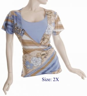 Size 2X V-neck  surplice Top, short sleeve, Blue/brown (71-00836/2X)