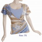 Size 3X V-neck  surplice Top, short sleeve, Blue/brown (71-00856/3X)