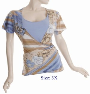 Size 3X V-neck  surplice Top, short sleeve, Blue/brown (71-00856/3X)