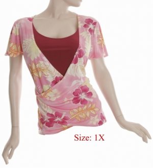 Size 1X V-neck  surplice Top, short sleeve, Pink (71-00916/1X)