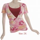Size 2X V-neck  surplice Top, short sleeve, Pink (71-00936/2X)