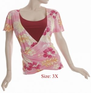 Size 3X V-neck  surplice Top, short sleeve, Pink (71-00956/3X)