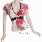 Size 1X V-neck  surplice Top, short sleeve w/button, Pink (71-01017/1X)