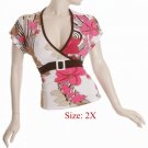 Size 2X V-neck  surplice Top, short sleeve w/button, Pink (71-01037/2X)