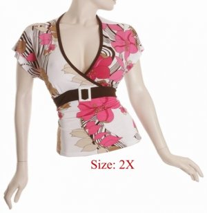 Size 2X V-neck  surplice Top, short sleeve w/button, Pink (71-01037/2X)