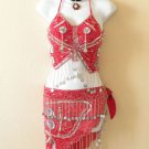 Clubbing Belly dance Red Silver Halter Top & Wrap Skirt Hip Scarf Set - S & M