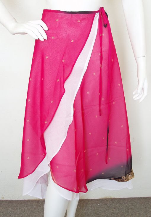 Ethnic Pink Peasant Boho Hippie Printed 2 Layered Wrap Around Skirt - XS, S & M