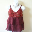 Maroon Boho Hippie Gypsy Bohemian Embroidered Layered Ruffle Blouse Top - XS