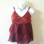 Maroon Boho Hippie Gypsy Bohemian Embroidered Layered Ruffle Blouse Top - XS