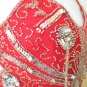 Clubbing Belly dance Red Silver Beads Halter Top & Wrap Skirt Hip Scarf Set - S