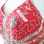 Clubbing Belly dance Red Silver Beads Halter Top & Wrap Skirt Hip Scarf Set - S