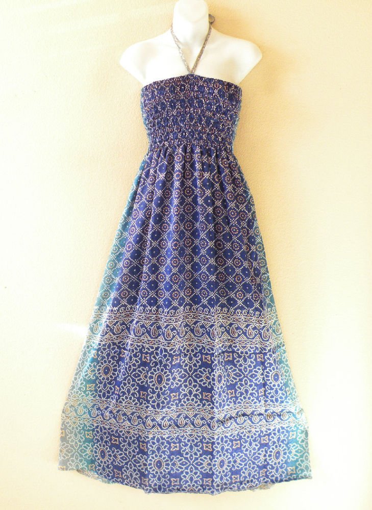 TL80 Bohemian Vintage Silk Halter Tube Smock Maxi Broomstick Dress XS to XL