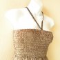 TL84 Brown Women Vintage Silk Halter Tube Smock Maxi Broomstick Dress -XS to XL