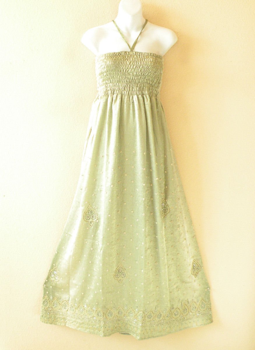 TL112 Bohemian Strapless Boho Halter Tube Smock Maxi Broomstick Dress XS to XL