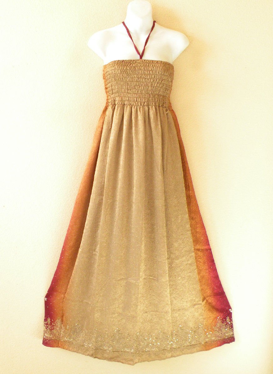 TL83 Brown Embroidered Beaded Halter Tube Smock Maxi Broomstick Dress XS to XL