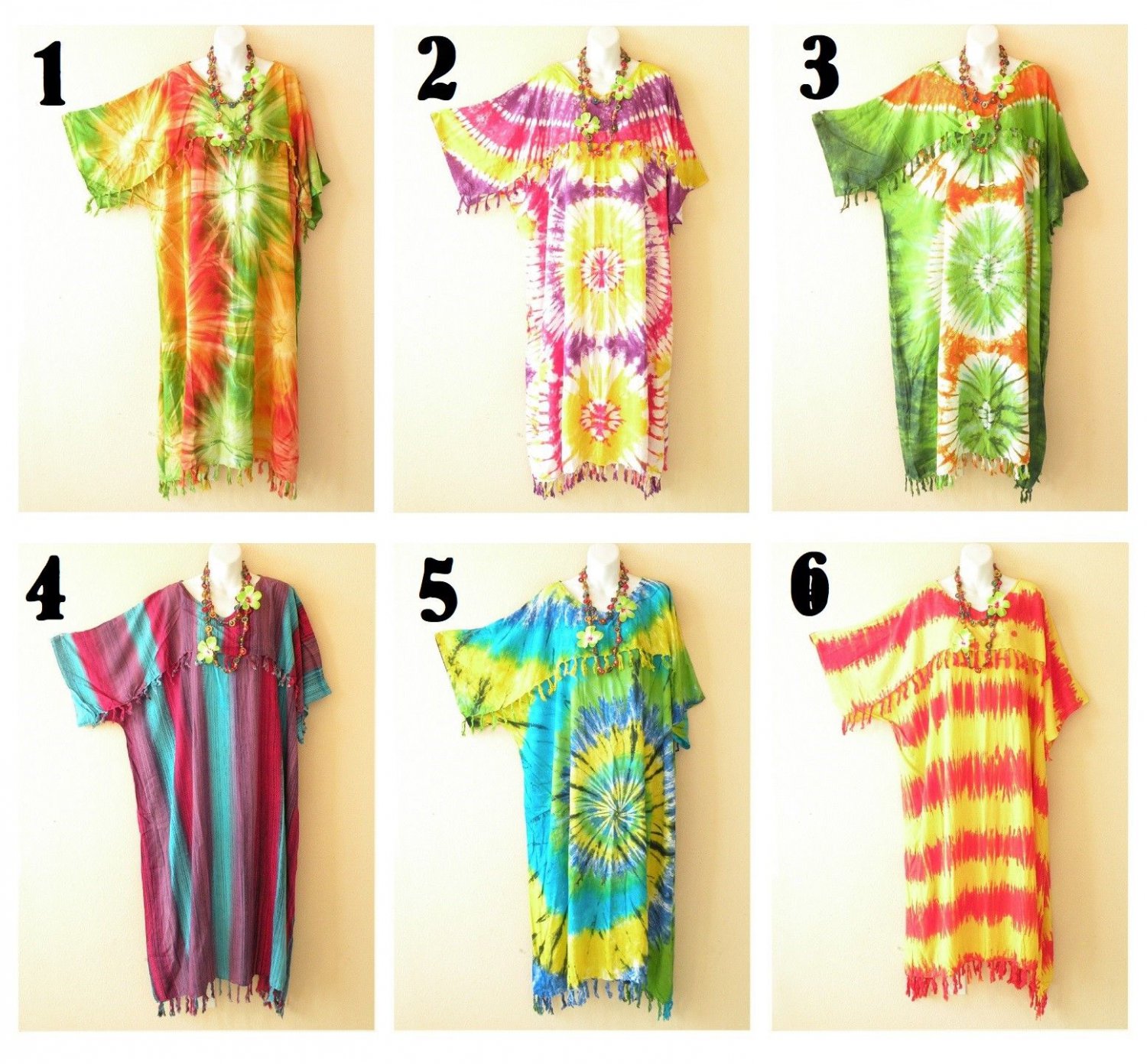 Tie Dye Batik Plus Kaftan Kimono Abaya Fringes Hippie Maxi Dress 2X, 3X, 4X, 5X