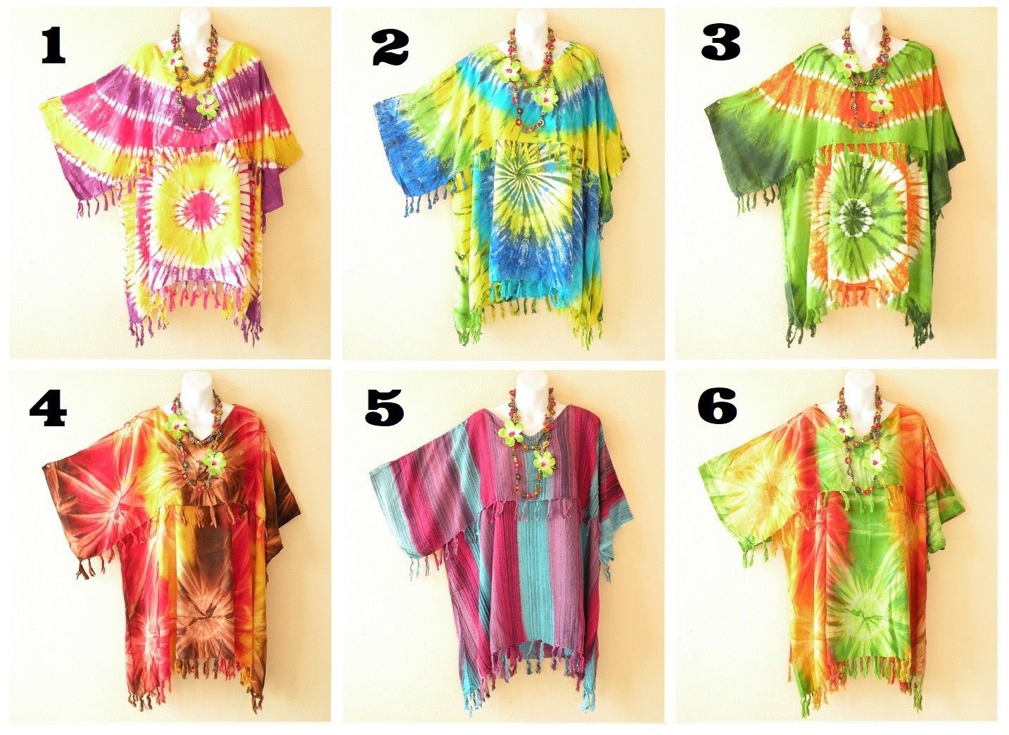 Tie Dye Batik Plus Kaftan Kimono Poncho Fringes Hippie Blouse Top 2X, 3X, 4X, 5X