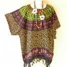 KB697 Tribal Batik Caftan Poncho Kimono Tassel Tunic Blouse Top - 2X, 3X, 4X, 5X
