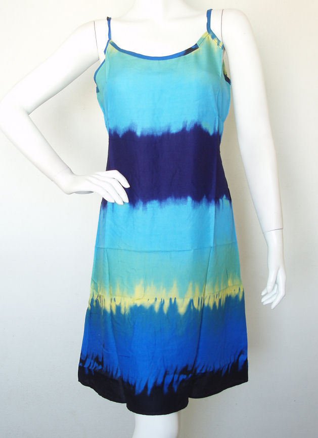 Blue Tie Dye Spaghetti Strap Block Printed Cute Cotton Sundress - S
