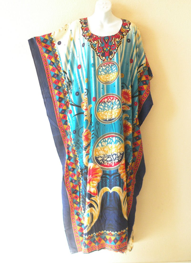 Kaftan Blue Floral Viscose Batwing Caftan Abaya Long Dress KD173 - XL, 1X & 2X