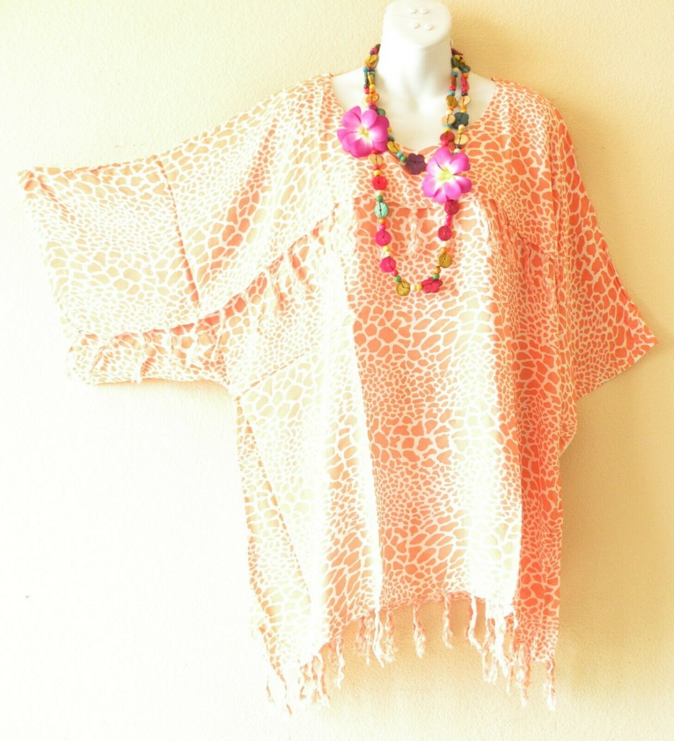 KB814 Batik Caftan Poncho Kimono Tassel Tunic Fringe Blouse Top -L, XL, 1X & 2X