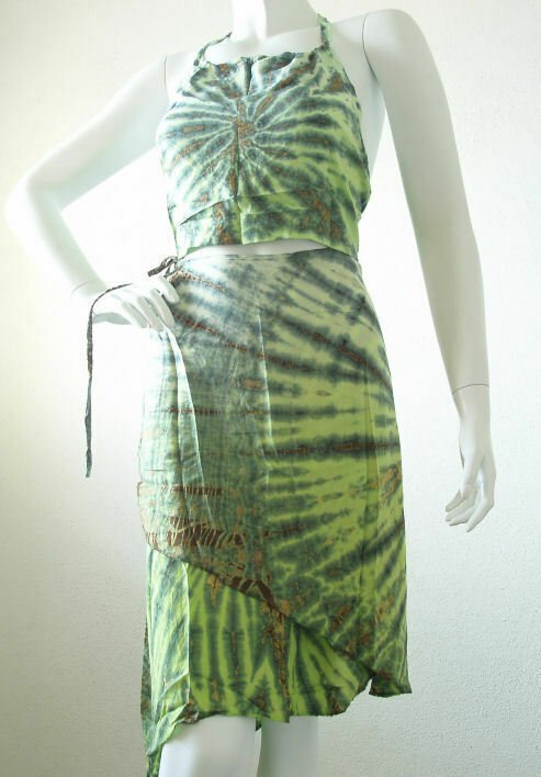 D5 Two Piece Women Boho Tie Dye Halter Sexy Summer Top & Wrap Skirt Suit Set - S