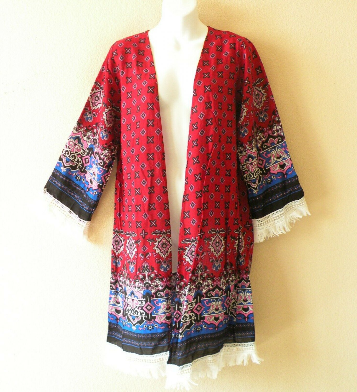 CF5 Red Hippy Batik Fringes Open Front Cardigan Kimono Duster Jacket - S, M & L
