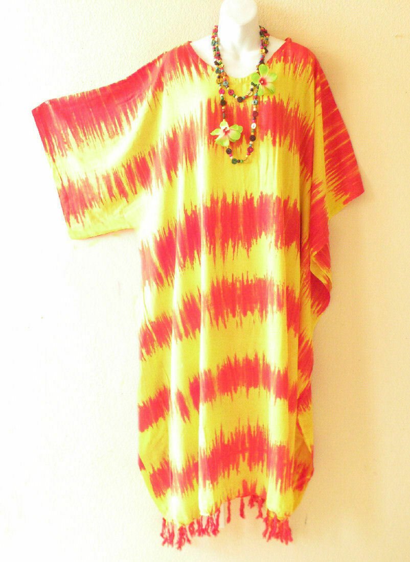 KD212 Tie Dye Batik Caftan Kimono Sleeve Tunic Hippy Maxi Dress - 2X, 3X, 4X, 5X