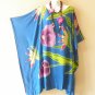 LT44 Blue Floral Batik Midi Batwing 38" Kaftan Dolman Women Abaya Dress Up to 7X