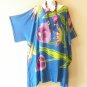 LT44 Blue Floral Batik Midi Batwing 38" Kaftan Dolman Women Abaya Dress Up to 7X