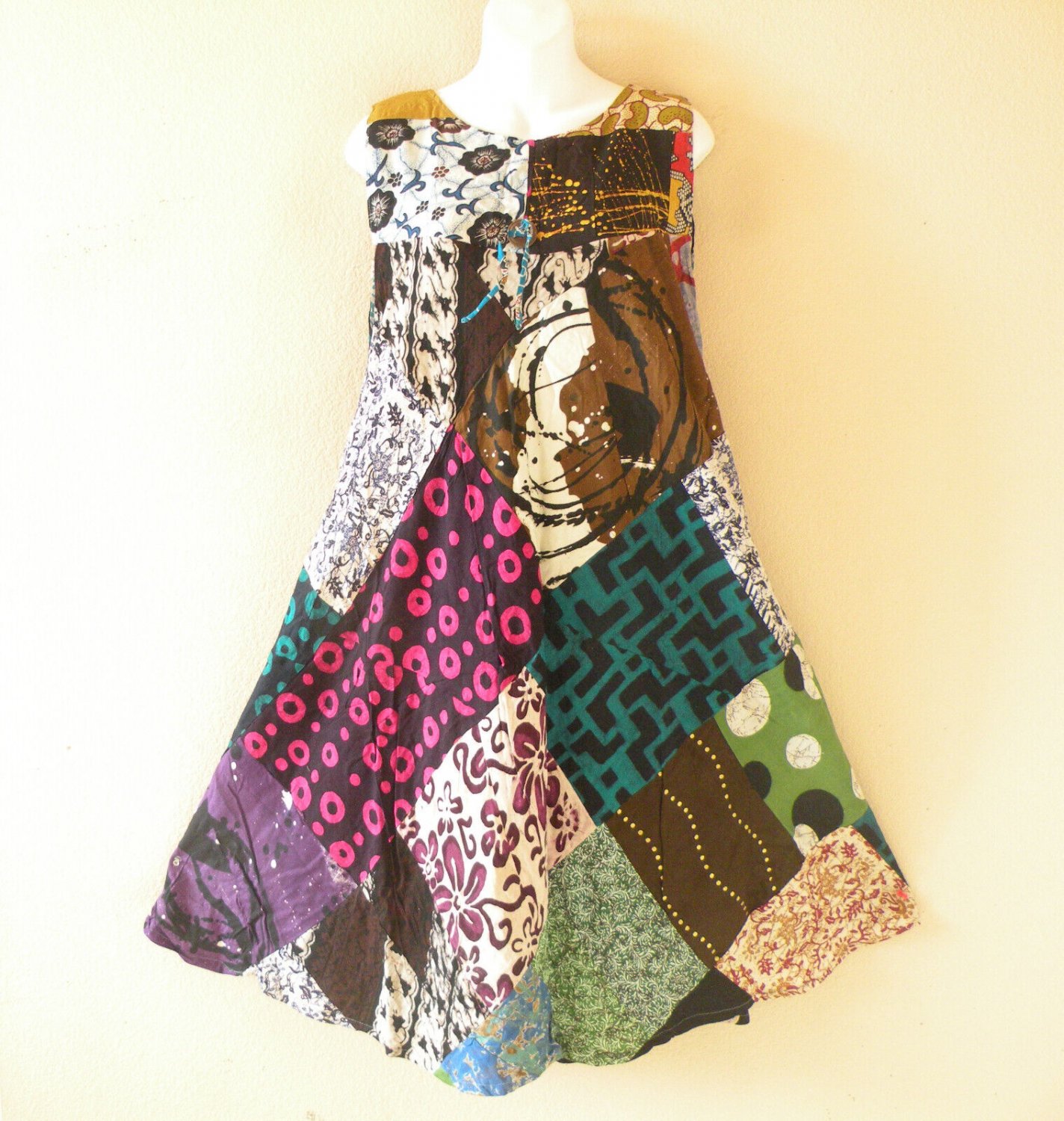PD19 Patchwork Abstract Bohemian Peasant Boho Women Umbrella Sun Dress - M & L