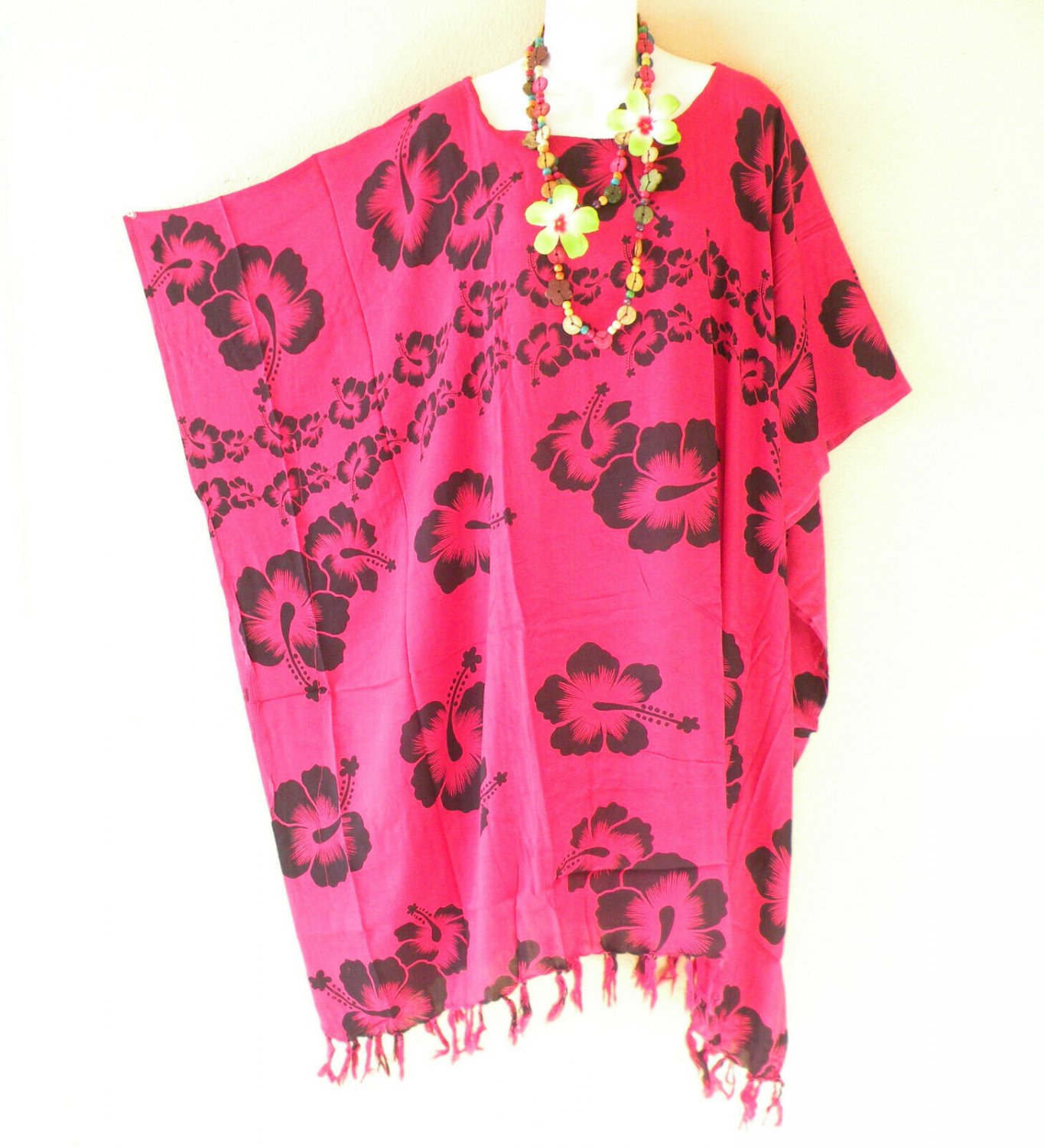 LT13 Pink Batik Hibiscus Caftan Batwing Women 42" Batik  Plus Dress - 3X 4X 5X