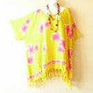KB101 Yellow Hibiscus Plus Tunic Kimono Poncho Hippy Women Blouse Top up to 2X