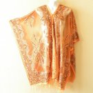 Orange Chiffon Sheer Poncho Tunic Scarf Top Cover up with Lace Fringe Free Size Orange Chiffon Sheer Poncho Tunic Scarf Top Cover up with Lace Fringe Free Size
