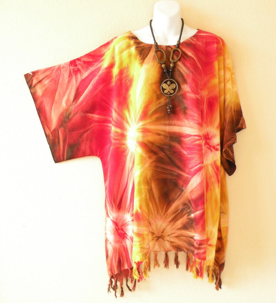 KB33 Tie Dye Batik Tunic Plus Kimono Poncho Hippy Women Blouse Top up to 3X