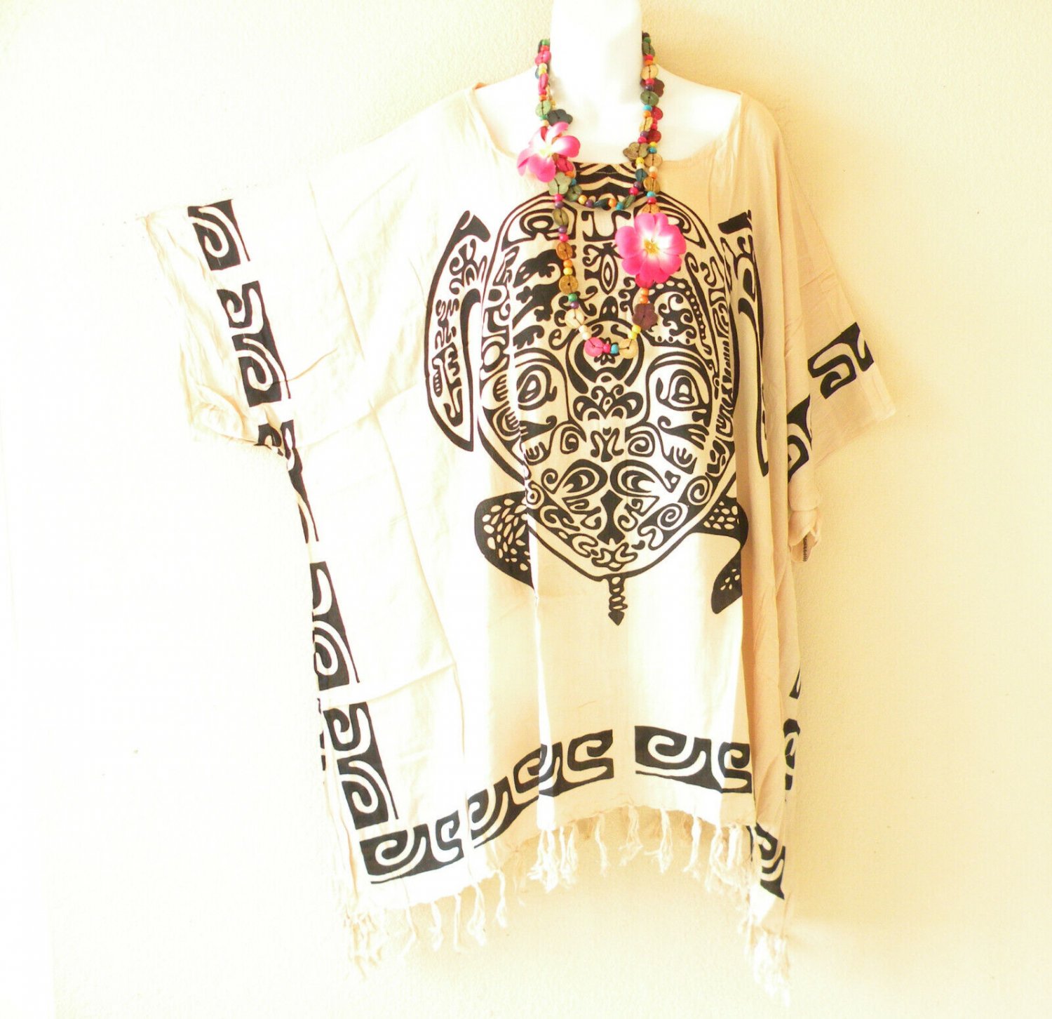 KB144 Beige Turtle Batik Plus Kimono Poncho Hippy Women Blouse Top up to 5X