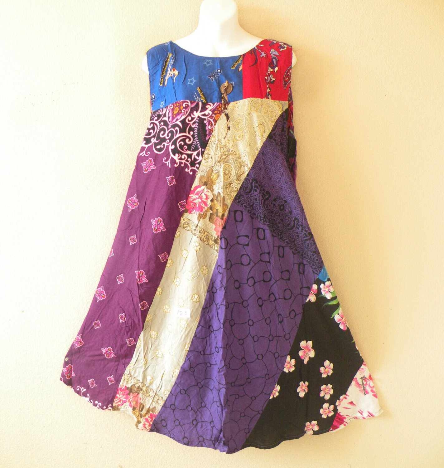 PD3 Patchwork Abstract Bohemian Peasant Boho Women Umbrella Sun Dress - M & L