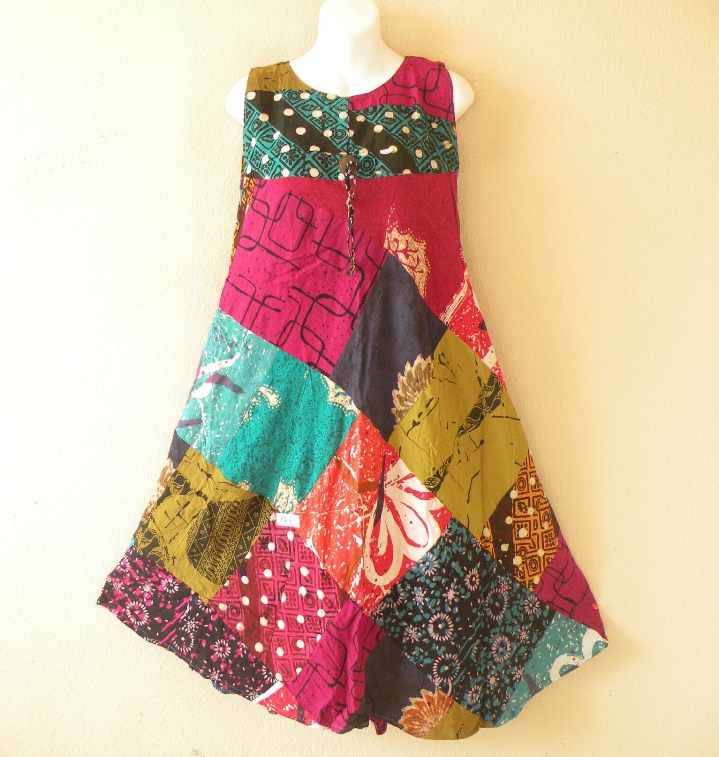 PD4 Patchwork Abstract Bohemian Peasant Boho Women Umbrella Sun Dress - M & L