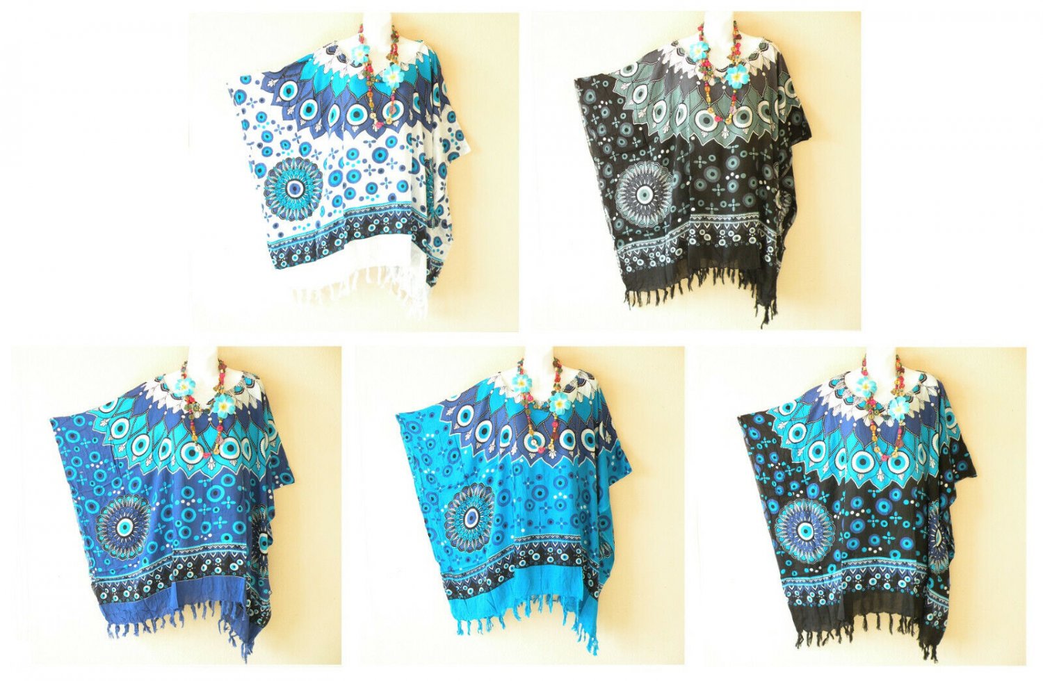 Blue Batik Abstract Women Plus Kaftan Poncho Hippy Women Blouse Top up to 5X