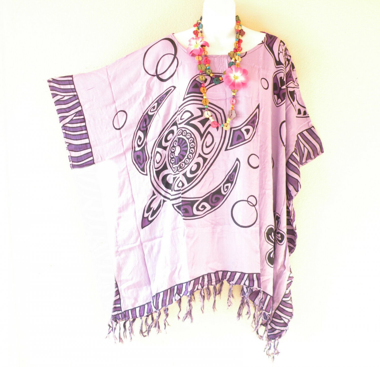 KB120 Purple Batik Caftan Poncho Kimono Tassel Tunic Blouse Top 2X 3X, 4X, 5X