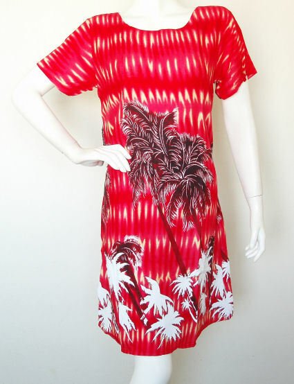 T20 Red Coconut Trees Batik Rayon Boho Hippie Gypsy Hand Painted Sun Dress - S