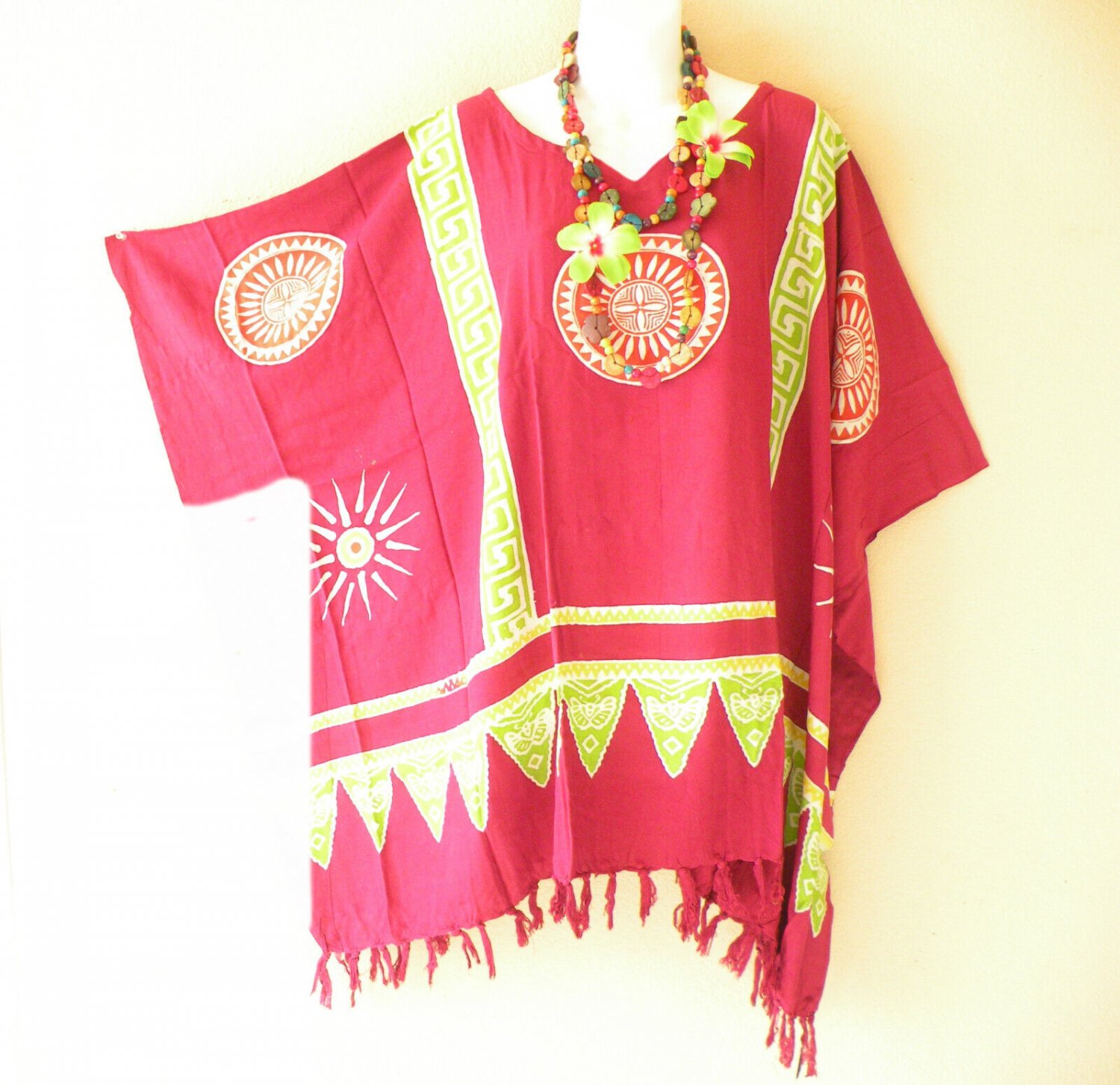 KB82 Abstract V-Neck Caftan Poncho Kimono Tassel Tunic Blouse Top 2X, 3X, 4X, 5X